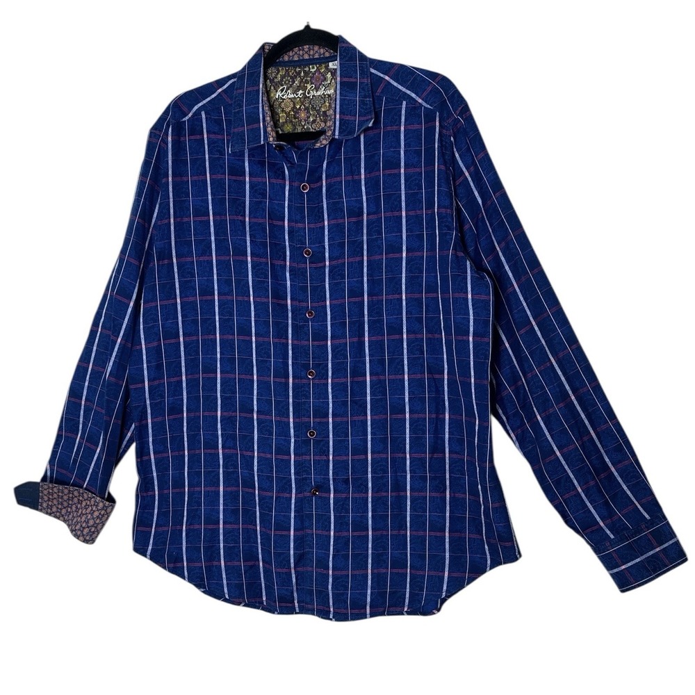Robert Graham Shirt‎ Men XL Plaid Blue Long Sleeve Bottom Up Formal Career